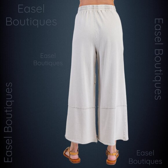 EASEL “Flower Path” Mineral Washed Pants Wide Leg Cozy Relax Fit Raw Seams, Hems - Picture 5 of 14